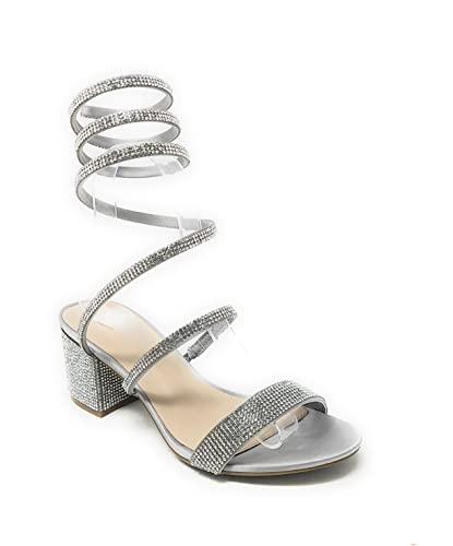 Wild Diva Women's Larina-192 Rhinestone Spiral Ankle Strap Low Block Heeled Sandals Heels