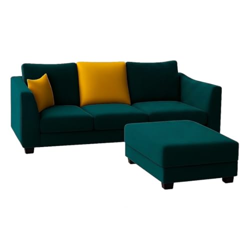 Image of SOCOZI Trevano 4 Seater L Shape Sofa Set with Movable Ottoman | Flexible Left or Right Layout | Soft Velvet Suede Fabric | Modern Design | Plush Comfort Cushions for Living Room (Teal Green-Yellow)