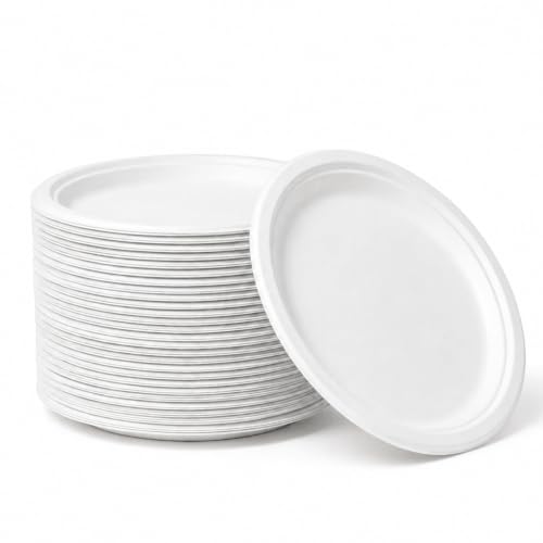 Image of Bonkaso 11 Inch, Pack of 50 Bagasse Disposable Round Plates (White)| Eco-Friendly Sugarcane Paper Plates | Biodegradable, Compostable & Sturdy | Ideal for Snacks, Desserts, Parties, Weddings & Events