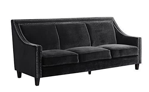 Iconic Home Camren Sofa Velvet Upholstered Swoop Arm Silver Nailhead Trim Espresso Finished Wood Legs Couch Modern Contemporary, Black #TOP2