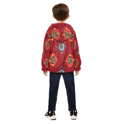 Floral Design on Red Background Toddler Fleece Jacket Girl Boys Hooded Fleece Jacket Coat Warm Outwear Zip-up 3-10T4