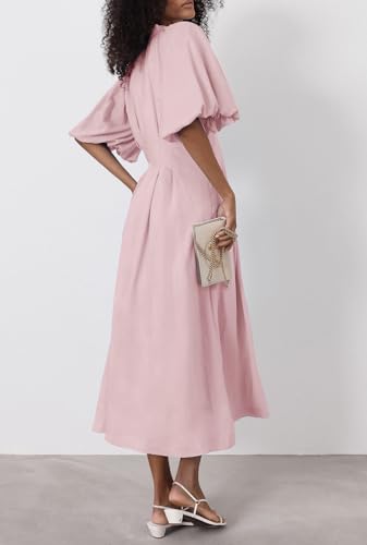 Image of chouyatou Women Summer Puff Sleeve Button Down Shirt Dress Flowy Elegant Business Casual Midi Long Dress