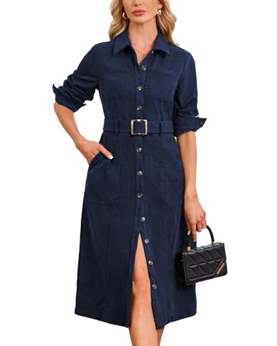 YEXPINE Women's Corduroy Midi Dress Long Sleeve Belted Button Down Shirt Long Dress with Pockets Navy