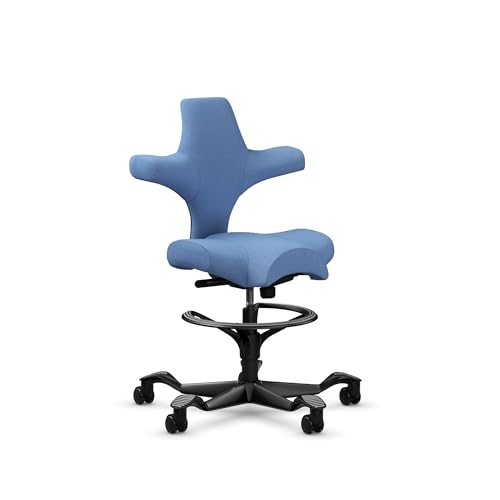 Image of HAG Capisco Adjustable Sit to Stand Desk Chair - Black Frame - Light Wash Blue Polyester Seat - with Footring