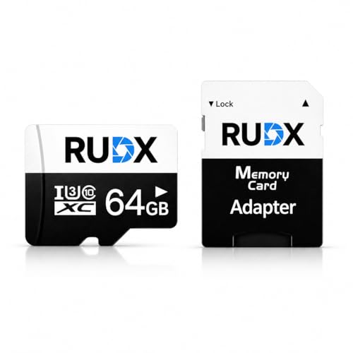 Image of RUDX 64GB microSDXC Memory Card - Class 10, U3, V30 for CCTV, Cameras, Smartphones, 4k Video (Card + Adapter)