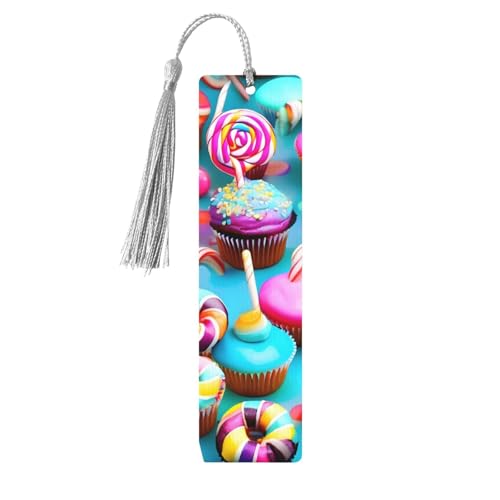 カラフルな甘いロリポップカップケーキドーナツプリント読書ページマーカーブックマーク、タッセル付き木製ブックマーク5個、本好きへのギフト。