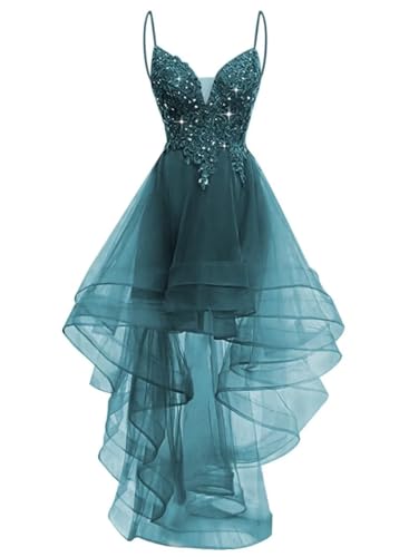 High Low Homecoming Dresses Short Tulle Prom Dresses Plus Size Ball Gowns Spaghetti Straps Lace Applique Evening Gowns