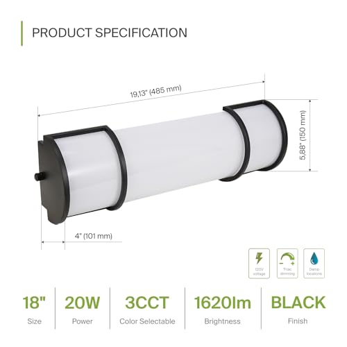 Image of ASD LED 18 inch Vanity Flush Mount Light Fixture, Linear Bathroom Lighting Bar | 3CCT, Dimmable, Energy Star, ETL Listed | 20W 1650LM 3000-5000K 120V | Long Tube Bath Wall Sconce Over Mirror | Black