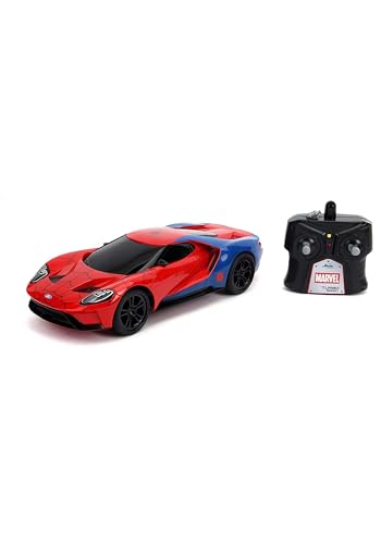 Con licenza autentica JADA Toys Marvel Spider-Man 2017 Ford GT R/C, 1: 16 Scale with USB Charging, 2.4Ghz & Turbo Boost, Red and Blue
