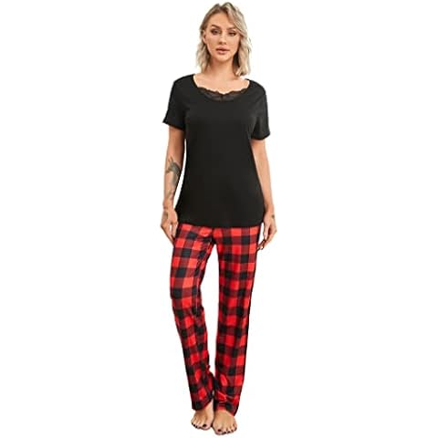 Famulily Womens Pyjamas Set Ladies Pj's Set Soft Short Sleeve Floral Print Pyjamas Cotton Sleepwear Black S Cover