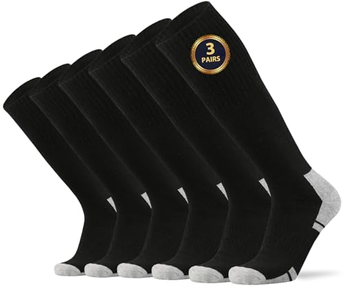 Ortis Cotton Full Cushion Over the Calf Socks OTC Knee High Thick Moisture Wicking Breathable Work Boot Thermal Warm(BlackGrey L)