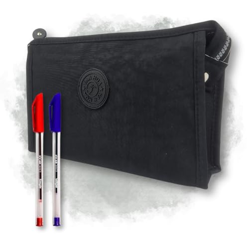 Estojo Grande Feminino Masculino Nylon Amassado + 2 Canetas 1 Azul e 1 Vermelha Menino Menina Escolar 100 Pens (Preto)