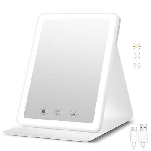 BACK KTCL 2025 Rechargeable Travel Makeup Vanity Mirror with 72 Led Lights,Portable Lighted Beauty Mirror,3 Color Lighting,Dimmable Touch Screen,Tabletop LED Folding Cosmetic Vanity Mirror Desk Table