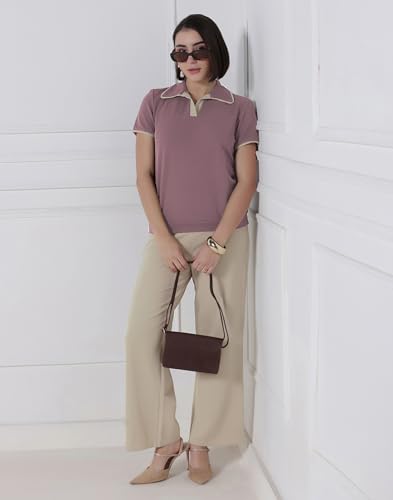Image of Selvia Lycra Co-ord Set for Women, Collar Neck Top and Beige Trouser Pant