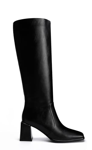 Women's Knee High Boots Block Metal Heel Square Toe Side Zipper Soft PU Leather Classic Fashion Dress Long Boots2