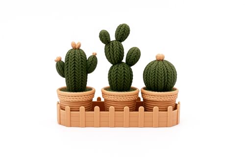 Pentamenta Set 3 Cajas Decorativas Cactus con Base – Diseño Crochet de Ganchillo | Joyero Original, Caja de Almacenaje y Decoración de Escritorio | Mini Macetas Decorativas con Bandeja