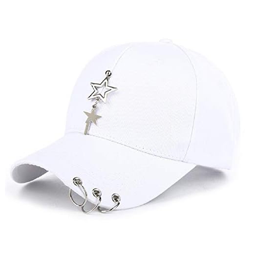 Kpop Star Baseball Cap – White Hip Hop Adjustable Hat with Star Charm and Piercing Rings, Korean Streetwear Fashion Unisex Snapback for Men Women