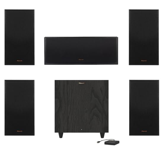 Image of Klipsch R-51M Bookshelf Speakers (2 Pairs) with R-52C Center Channel Home Speaker and R-80SWi 8-inch 150W Wireless Subwoofer (Black) Bundle