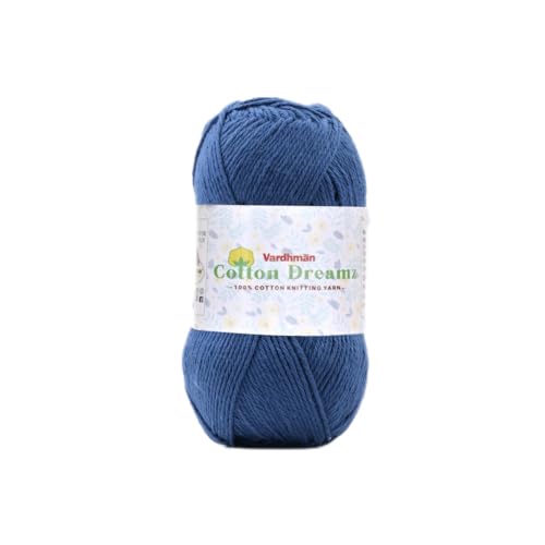 Image of Vardhman 100% Cotton Dreamz Light Weight Natural Thin Yarn | Pack-1 100g | Knitting & Crochet Projects | Soft Natural Yarn | Ideal for Garments, Summer Wear & Accessories | Denim Blue, CJD009
