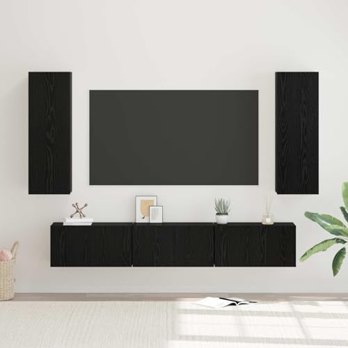 Cartvyn Juego de muebles para TV (5 piezas, madera de roble negro, montado en la pared, con 6 estantes, 300 kg, capacidad de carga de 300 kg, moderna sala de estar, aparador bajo colgante, espacio de