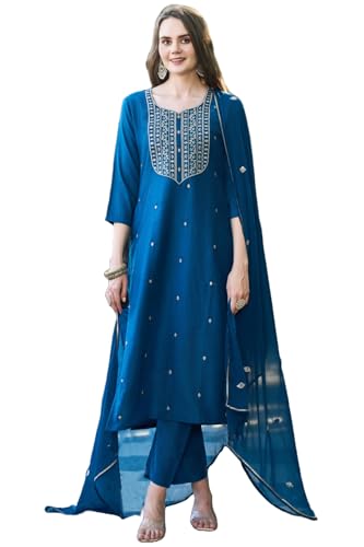 Image of GoSriKi Women's Cotton Blend Embroidered Kurta Set with Pant & Dupatta - Straight Calf‑Length, 3 /4 Sleeve, Round Neck - Elegant Ethnic Attire (5 Colors, S-5XL)
