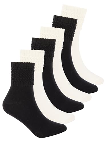 Image of 6 Pairs Women Slouch Socks, Mid Calf Rib Tube Scrunchy Slouchy Crew Socks for Women, Cotton Casual Socks