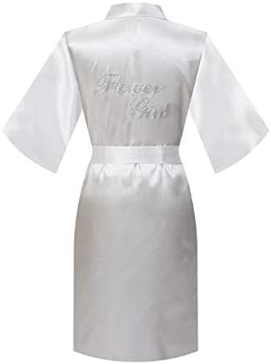 MORFORU Clear Rhinestones Flower Girl Silky Satin Kimono Robe Solid Color Kids Robes for Wedding Spa Party, Short (White, Tag 6)