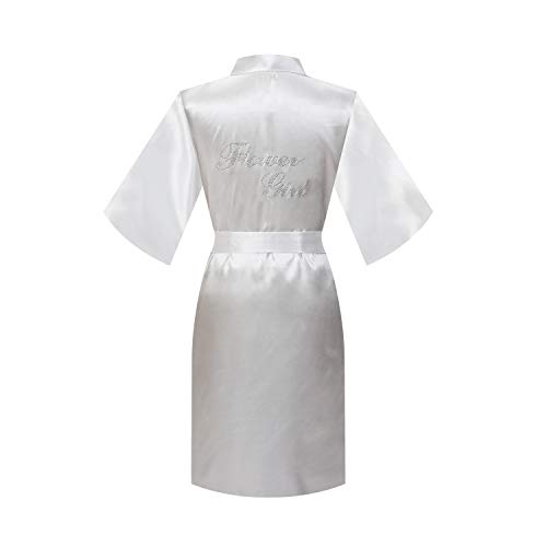 MORFORU Clear Rhinestones Flower Girl Silky Satin Kimono Robe Solid Color Kids Robes for Wedding Spa Party, Short