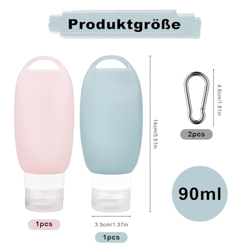 HAOQIAGA Futtertube zum Befüllen Hund, 90ml Befüllbare Tuben für Hunde Tube, 2 Stück Wiederverwendbar Silikon Reiseflaschen mit Karabine für Outdoor Haustier Draussen (Grün, Rosa)