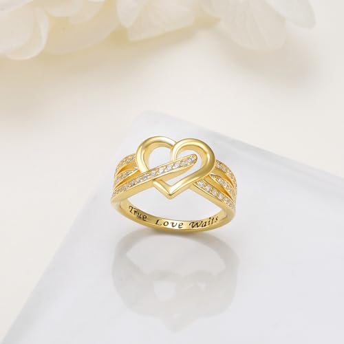 DAOCHONG 18K Gold Plated 925 Sterling Silver Rings Eternity Band for Women Ladies Gold Heart Ring Cubic Zirconia Heart Ring Dainty Stackable Jewelry on Anniversary3