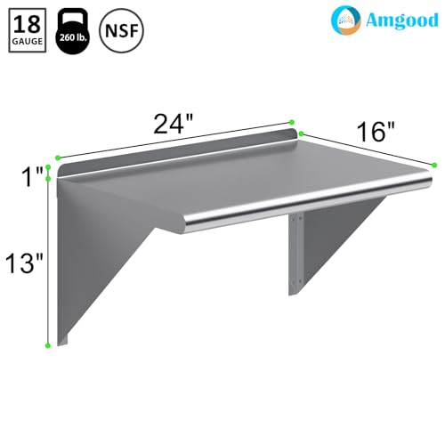 Image of AmGood 24 inch Long X 16 inch Deep Stainless Steel Wall Shelf | NSF Certified | Appliance & Equipment Metal Shelving | Kitchen, Restaurant, Garage, Laundry, Utility Room