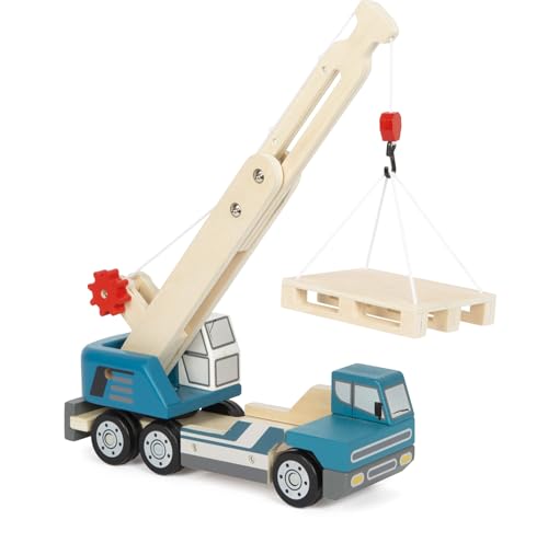 small foot Kranwagen mit Palette aus Holz, Spielfahrzeug für Kinder, mit...