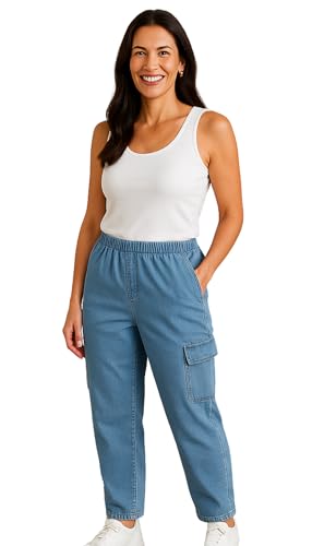Turtle Bay New York Women's Elastic Stretch Waist Casual Denim Pull-on Cargo Pants4