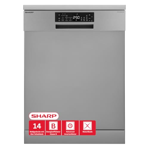 Sharp QW-NA25GF44BS-DE Freistehender Geschirrspüler 60cm / B / 14 Maßgedecke mit Besteckschublade / 8 Programme mit Automatikprogrammen/Halbe Beladung/Startzeitvorwahl/AquaStop/Silber