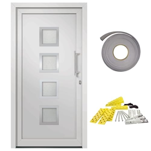 Puerta de entrada blanca 98 x 208 cm, marco de puerta de PVC con cierre de hongo de 5 puntos, bisagras ajustables en 3D, umbral de aluminio, acristalamiento aislante para puerta de entrada y puerta