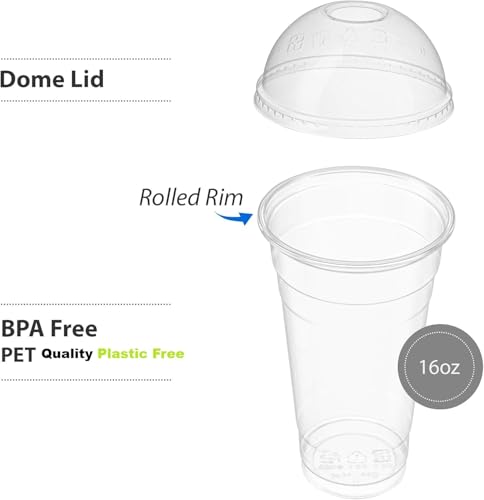 Image of Disposable Biodegradable PET Cups with Dome Lids | Transparent Reusable Beverage Glasses for Iced Coffee, Juice, Mocktails, Smoothies, Party, Cafe & Event Serving Cups (50, 250ml)