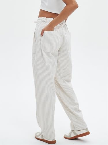 Striped Pants Women Loose Mid Rise Stripe Barrel Jeans Casual Wide Leg Denim Trouser with Drawstring3