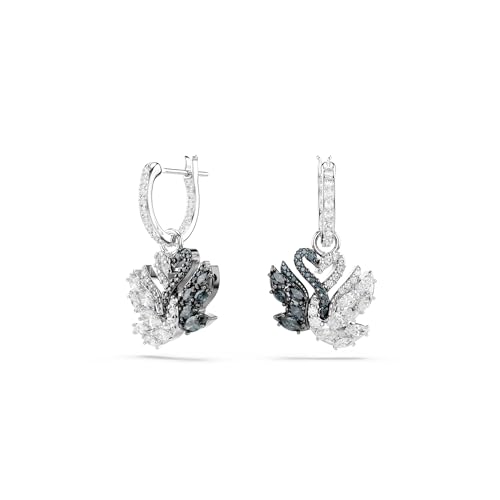 Swarovski Boucles d’oreilles Swan, motif avec 2 cygnes entrelacés, ornés de cristaux noirs et blancs, taille ronde et marquise, en métal rhodié et au placage ruthénium