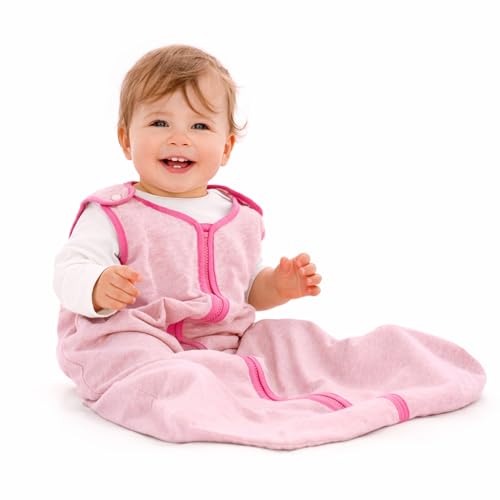 Image of Baby Deedee Sleep Nest Lite - Cotton Sleep Sack 0.6 TOG 18-36M Heather Pink | Patented shoulder snaps and full-length zipper support easy dressing and diaper changes for warmer routines