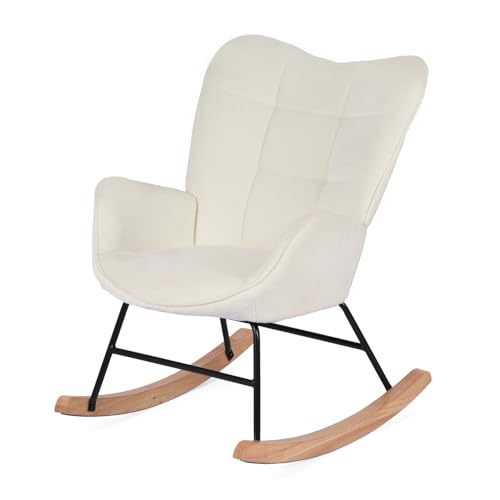 MEUBLE Cosy Sillas Mecedora Sillón de Relax Escandinavo Lactancia Butaca para Salón Dormitorio Balcón Sala de Estudio, Tela de Bucle, Madera Haya, Metal, Blanco, 62x75x87cm