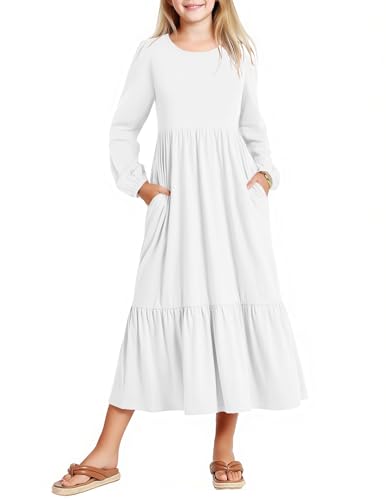 Arshiner Vestidos Infantiles Blancos de Manga Larga Dobladillo con Volantes Informales de Cuello Redondo para Otoño Invierno para Fiestas de Halloween con Bolsillo 12-13 Años