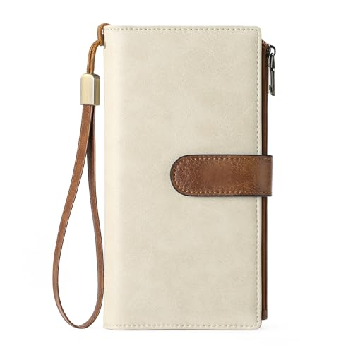 Image of GOIACII Large Wallet for Women Leather Wristlet Beige Brown