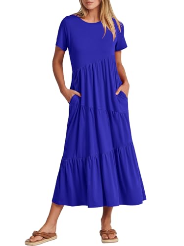 Image of ANRABESS Women Summer Maxi Dress Short Sleeve Swing Casual Asymmetric Tiered Vacation Long Beach Sundress Outfits
