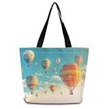 ZhuVantrix Hot Air Balloon Tote Bag Reusable Grocery Bags Aesthetic Shopping Shoulder Handbag with Interior Zipper Pocket Stylish Hot Air Balloon Present for Women