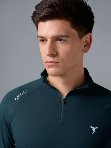 Image of TECHNOSPORT Men's Solid Quarter Zip Gym Slim Fit Active Sports T-Shirt with COTFLEX Full Sleeve Cotton Feel Polyester 4-Way Stretch Memory Fabric Lightweight Workout Running Training