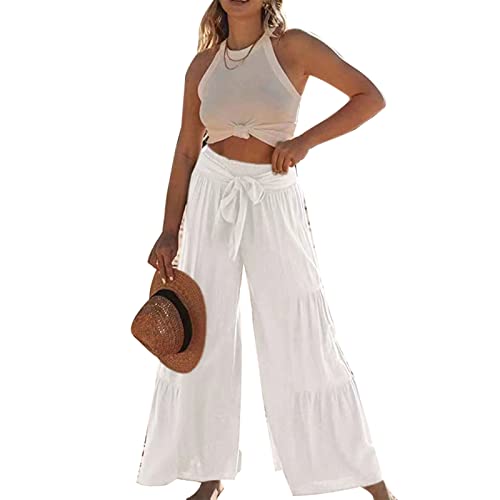 Long Ruffle Trousers, Stylish Ruffle Hem Pants Casual Fit Tie Wide Leg for Party (XL) White