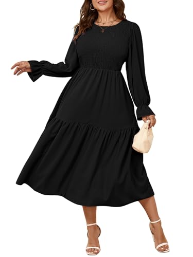 Women's Plus Size Dress Long Sleeve Crewneck Smocked Tiered Flowy Boho Wedding Party Maxi Dresses