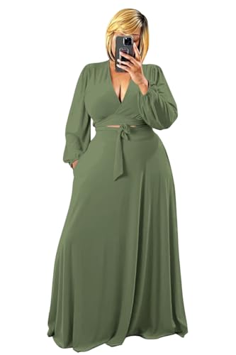 Image of Plus Size Women's 2 Piece Outfits Casual Long Sleeve Wrap Crop Top Maxi Long Dress Flowy Matching Sets