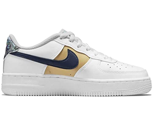 Nike Big Kid's Air Force 1 Low LV8 Wht/Blue Void-Metlic Gold (DM3089 100) - 6.52