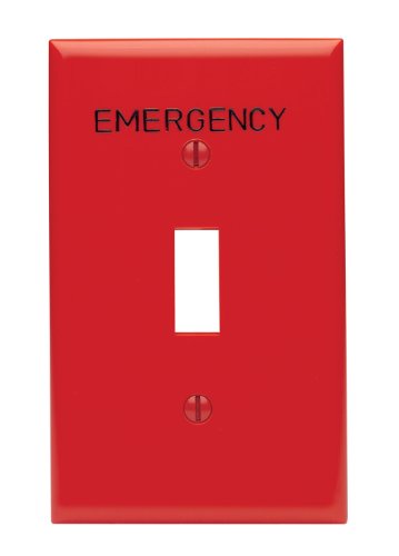 Image of Leviton 80701-RE 1-Gang Toggle Device Switch Wallplate, Standard Size, Thermoplastic Nylon, Hot Stamped inchEmergency inch, Red